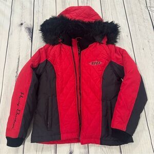 Harley Davidson Womens Small Red Black Quilted‎ Down Feather Jacket Logo Biker